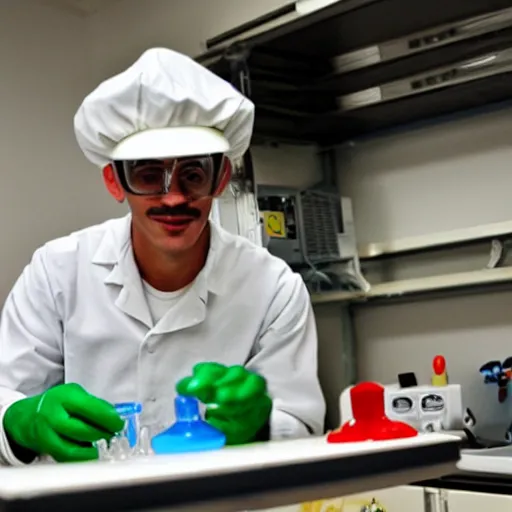 Image similar to Mario in lab doing experiments with his mushroom