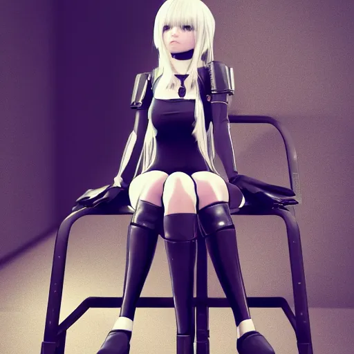 Image similar to a girl inspired from 2b from nier automata, sitting on a chair, 4k ultra realistic, trending on artstation concept, professional art