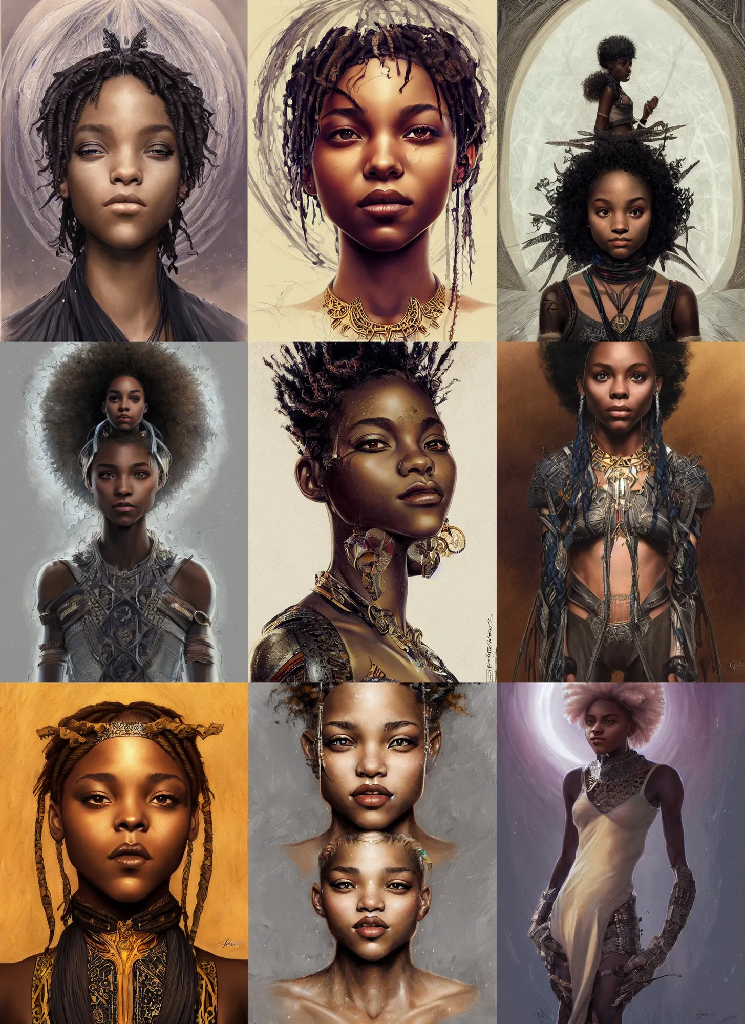 Prompt: black african annasophia robb willow smith, symmetrical portrait, d & d, fantasy, intricate, elegant, highly detailed, digital painting, artstation, concept art, sharp focus, illustration, art by aleksi briclot, greg rutkowski and alphonse mucha