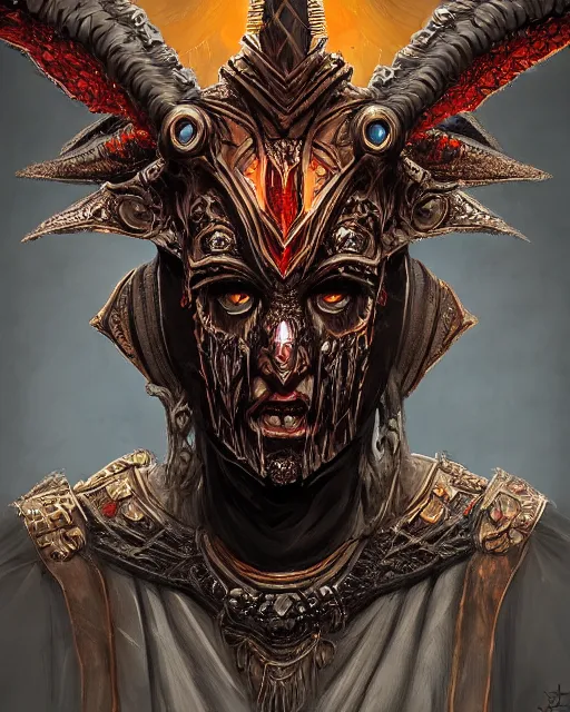 Prompt: a matte painting that is a portrait of a demonic priest wearing a massive ornate headdress made of metal, horror color scheme, dark fantasy, art deco, cinematic lighting, smooth,, digital painting, diablo concept art, vitaly bulgarov artstation, daytoner artstation, concept art