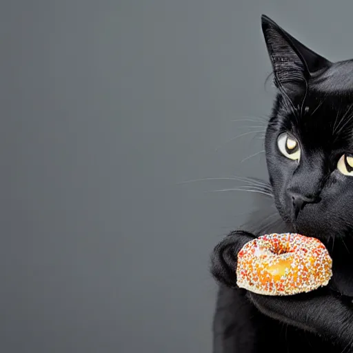 Image similar to a black cat eating a sprinkled donut, highly detailed, beautiful