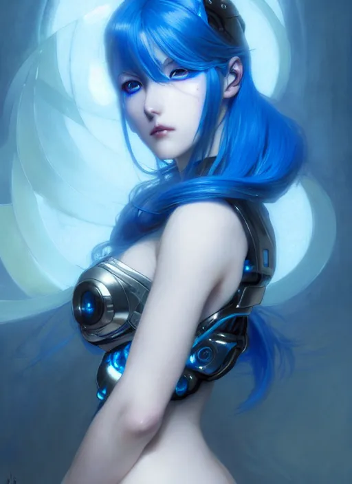 Image similar to beautiful anime cyborg woman, blue hair, blue light, diffuse lighting, fantasy, intricate, elegant, highly detailed, lifelike, photorealistic, digital painting, artstation, illustration, concept art, smooth, sharp focus, art by John Collier and Albert Aublet and Krenz Cushart and Artem Demura and Alphonse Mucha