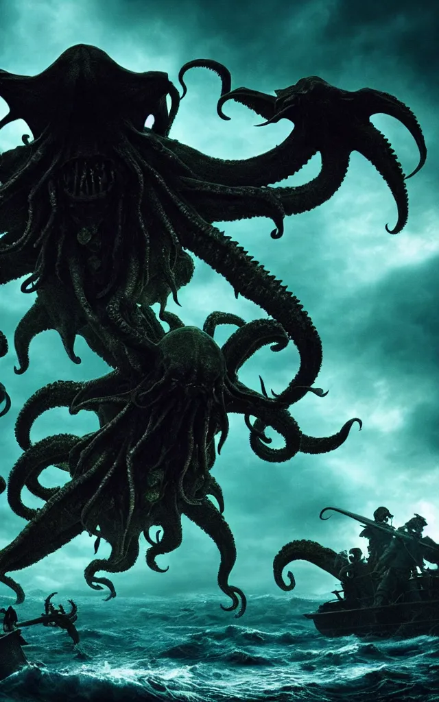 Image similar to pirates fighting cthulhu, cinematic atmosphere, maximized, high detail, 8k, ornate, dark fantasy, masterpiece, complex, film still from the movie directed by Denis Villeneuve