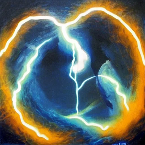 Image similar to an abstract painting of Nikola Tesla, lightning in the background, crazy