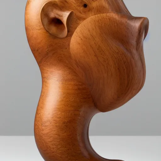 Image similar to a zoomed out studio product shot of a rounded carved smooth cherry wood and resin hippopotamus in profile, like a catalog photograph, where distinct sections of the carving are blue resin, but is mostly wood, with a smooth featureless minimalist short wooden nose with no nostrils, and a round minimalist behind