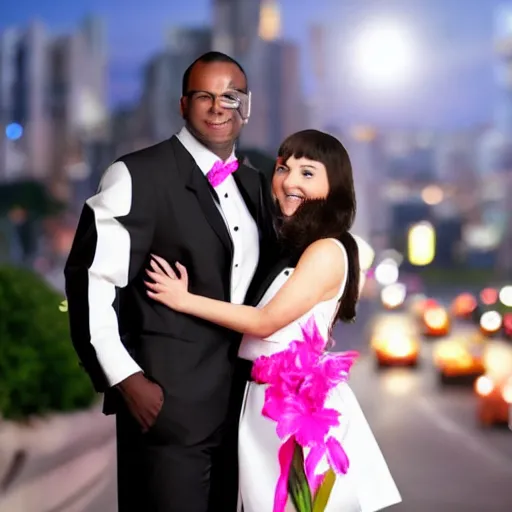 Prompt: A black man wearing white suit and a black tie with a white woman wearing a pink!!! dress on street at night , traffic in background , highly detailed!! face!!!