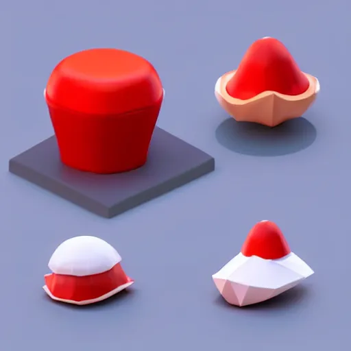 Image similar to Matte 3d low poly icon of a red mushroom, lat lighting, isometric perspective on pure white background, soft shadows, 3d render,