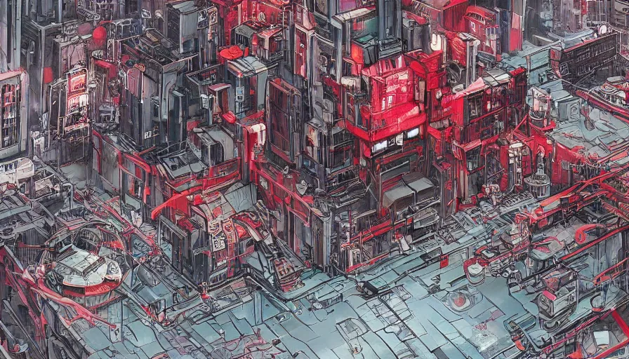 Prompt: Concept Art Painting of neo-Tokyo Maximum Security Mint, in the Style of Akira, Anime, Dystopian, Highly Detailed, Red Building, Helipad, Special Forces Security, Crypto Valut, Helicopter Drones, 19XX