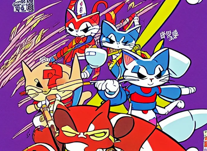 Image similar to samurai pizza cats, illustration masterpiece, by ryan ottley and mœbius and hayao miyazaki and akira toriyama