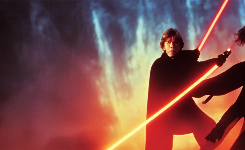 Image similar to iconic wide cinematic screen shot of luke skywalker dueling with a female sith lord, behind them is a detailed view of coruscant at sunset, from the thrilling scene from the 1 9 9 0 s sci fi film directed by ridley scott, moody cinematography, foggy volumetric lighting, hyper detailed scene, anamorphic lenses 2 4 mm, lens flare, award winning