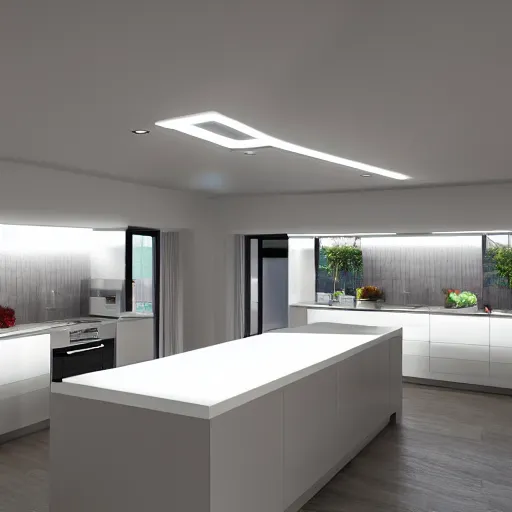 Prompt: modern kitchen with rgb led strip lighting roof lantern, homes and gardens, super detailed render, award winning,