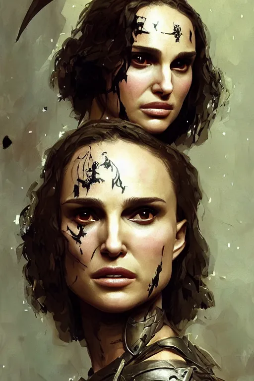 Image similar to natalie portman, battle warrior, lord of the rings, tattoos, decorative ornaments, by carl spitzweg, ismail inceoglu, vdragan bibin, hans thoma, greg rutkowski, alexandros pyromallis, perfect face, fine details, realistic shading, photorealism