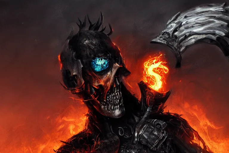 Prompt: Ghost Rider, grim reaper, headshot photo, dark souls concept art, dramatic lighting, highly stylized, high-quality wallpaper, desktopography