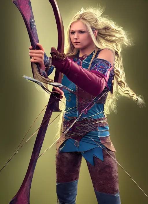 Image similar to An epic fantasy comic book style portrait painting of a young girl with long blonde hair and blue eyes. Wearing brown and magenta leather tribal combat clothes. She is holding hunting bow. Unreal 5, DAZ, hyperrealistic, octane render, cosplay, RPG portrait, dynamic lighting