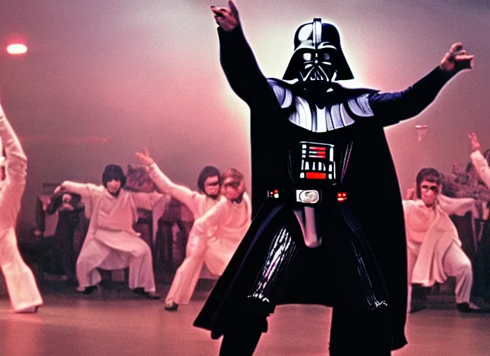 Prompt: of Darth Vader dancing just like John Travolta on the cover of Saturday Night Fever, 4k