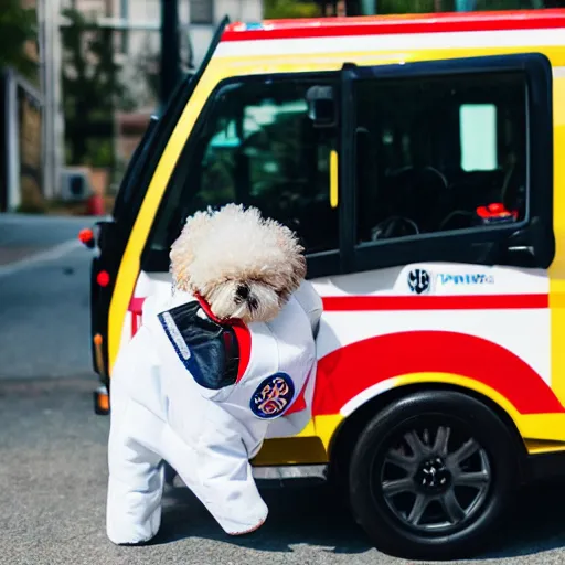 Image similar to a cute puppy wearing an ambulance costume, dog cosplay, ambulance, vehicle, Canon EOS R3, f/1.4, ISO 200, 1/160s, 8K, RAW, unedited, symmetrical balance, in-frame