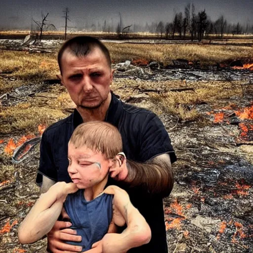 Image similar to radiation eats a ukrainian and his children alive, wild pain and desperate selfies, against the backdrop of a huge nuclear explosion from which the skin has already burned to the bone