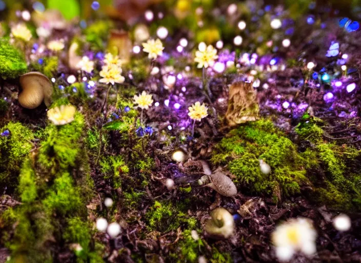 Image similar to a fantasy forest on planet Pandora with delicate flowers and mushrooms and plants that glow in the dusk, macro close up, bokeh,