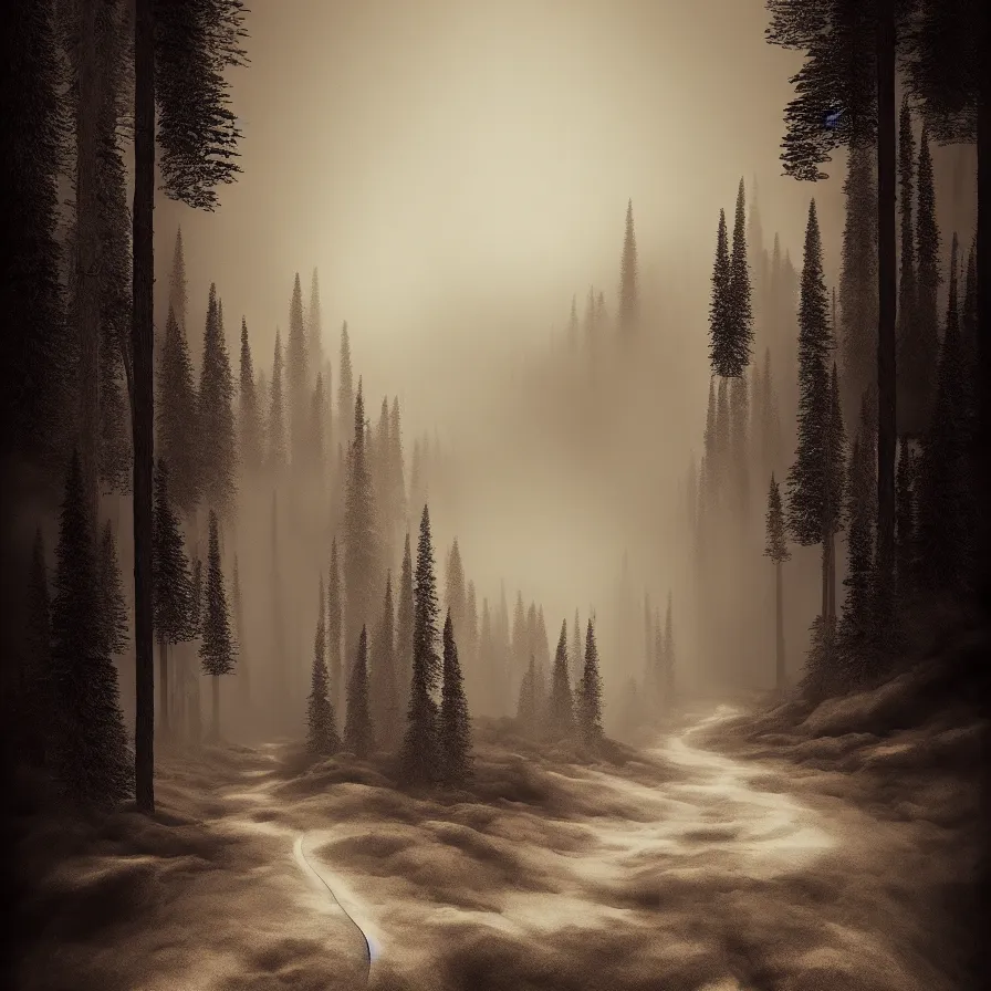 Image similar to surrealist abstract ink artwork of a road leading down the horizon through giant pine forests down a rocky mountain coast towards a majestic sunset. atmospheric foggy landscape, soft sepia tones, psychedelic, ultra realistic, concept art, modern art, photorealistic, octane render.