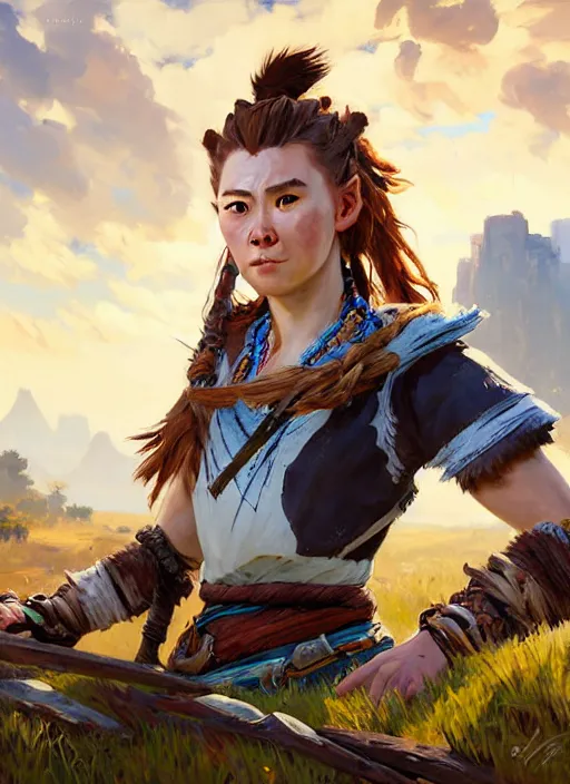 Image similar to portrait of Aloy from Horizon Zero Dawn in the style of League of Legends practicing, countryside, calm, fantasy character portrait, dynamic pose, above view, sunny day, thunder clouds in the sky, artwork by Jeremy Lipkin and Giuseppe Dangelico Pino and Michael Garmash and Rob Rey and Jean Giraud, very coherent asymmetrical artwork, sharp edges, perfect face, simple form, 100mm