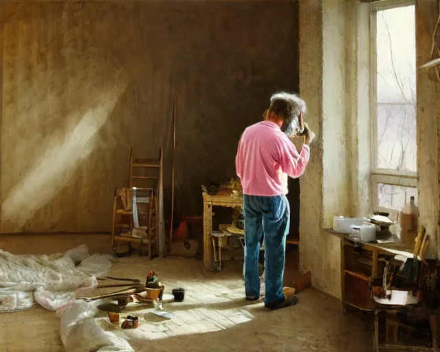 Image similar to an exhausted painter in his studio painting a picture of a pink penguin - key lighting, soft lights, foggy, by steve hanks, by lisa yuskavage, by serov valentin, by tarkovsky, 8 k render, detailed, oil on canvas