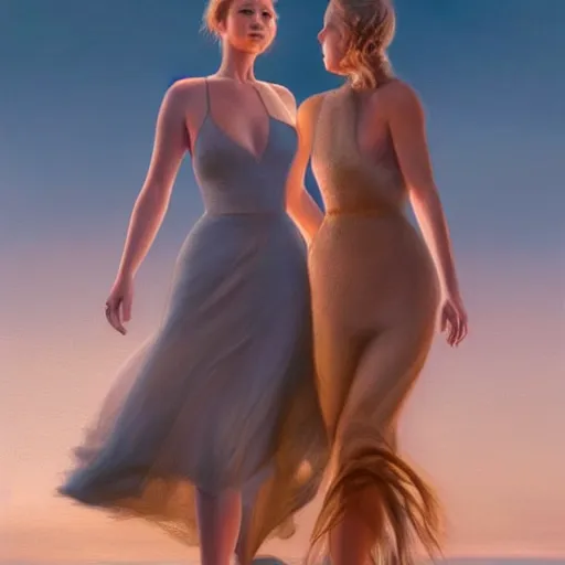 Image similar to beautiful serene intricate portrait of jennifer lawrence and jennifer lawrence, walking togetheron the beach, golden hour, soft focus, 8 k, art by irakli nadar, hyperrealism, hyperdetailed, ultra realistic