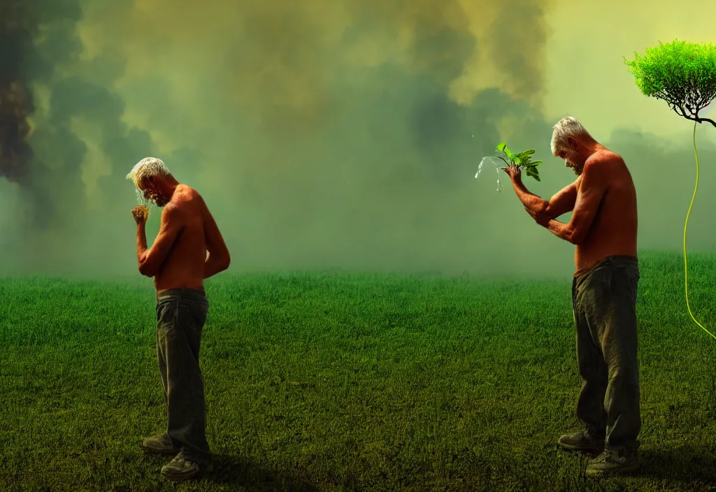 Prompt: a man watering the last plant on earth as the world burns, green leaves, apocalyptic background, smoke, doomsday art