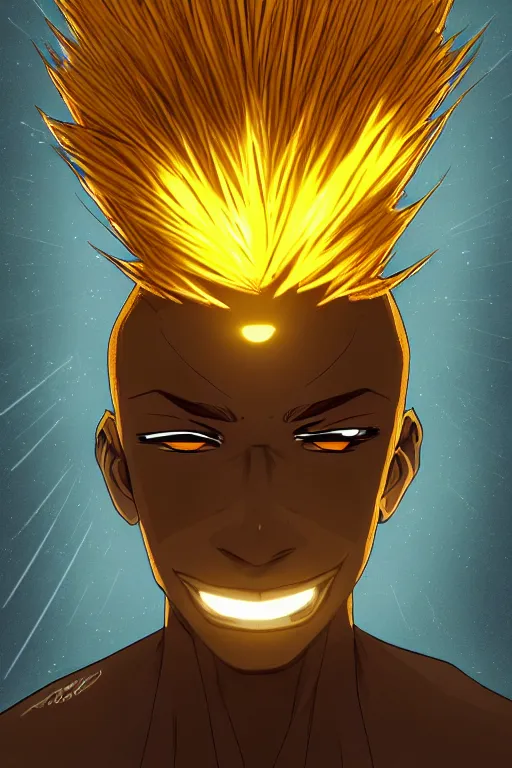 Image similar to glowing black male anime character, golden hair, yellow eyes, symmetrical, highly detailed, digital art, sharp focus, trending on art station, crazy hair, electricity everywhere, anime art style