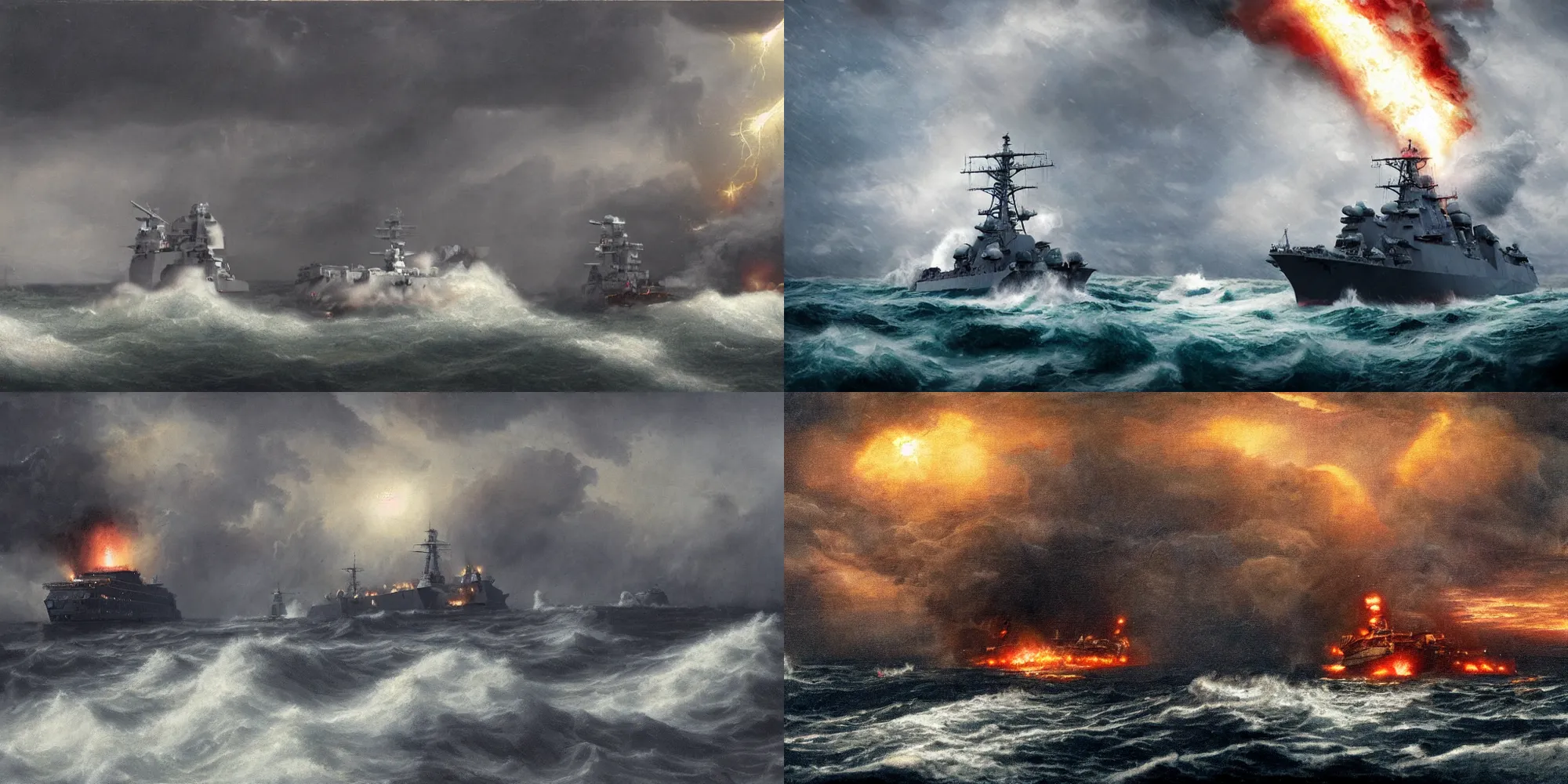 Prompt: An explosion on a destroyer class ship with on a stormy sea, matte painting, highly detailed