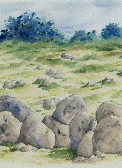 Prompt: a drawing of some rocks in a field, a watercolor painting by eliot hodgkin, pinterest, american scene painting, watercolor, wimmelbilderbuch