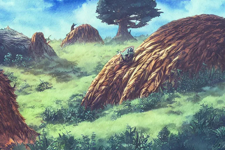 Prompt: land overtaken by nature, nausicaa, painting, giant fantasy animals, watercolor, concept art, studio ghibli, by hayao miyazaki