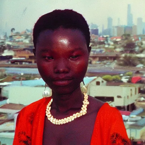 Prompt: “ african shrine maiden. photograph, 1 9 8 0 s. in the background is a city out of focus ”