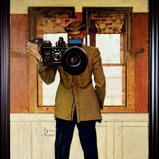 Image similar to norman rockwell painting of a man holding a large television - video - camera