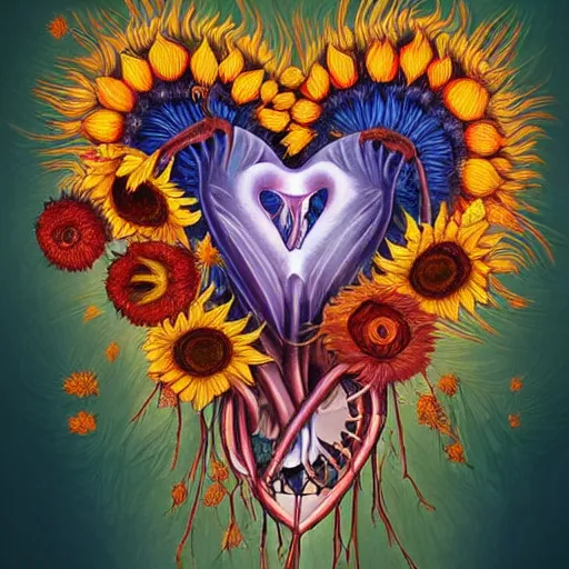 Image similar to a beautiful matte digital illustration by Larisa Novik of an anatomically correct heart bursting out of an anatomically correct skeletal rib-cage and exploding into rainbows and sunflowers, trending on artstation hq