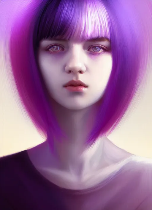 Image similar to hair whitebangs hair, black hair, whitebangs, portrait of teenage girl with white bangs, red irises, purple clothes, white bangs, bangs are different color from hair, intricate, elegant, glowing lights, highly detailed, digital painting, artstation, concept art, smooth, sharp focus, illustration, art by wlop, mars ravelo and greg rutkowski