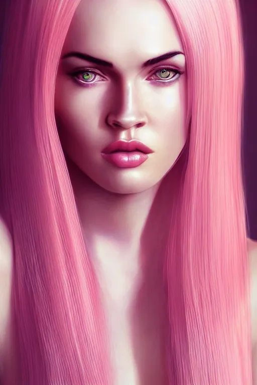 Image similar to Portrait of a beautiful pale skin Nordic female megan fox with long pink hair, elegant, photorealistic, highly detailed, artstation, smooth, sharp focus, gold ornaments, neon lighting, sci-fi, art by Klimt