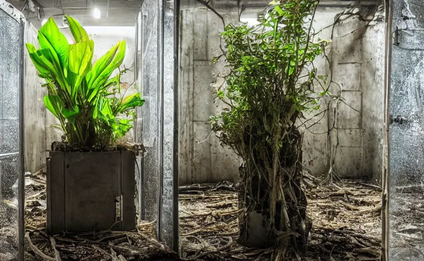 Prompt: earth's last plant inside a glass box in the middle of an abandoned warehouse, apocalyptic, sci - fi