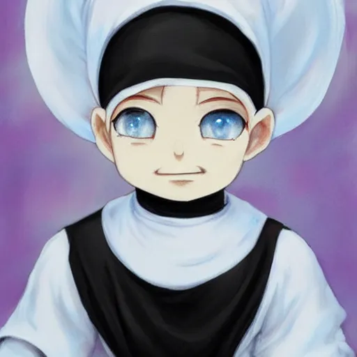 Prompt: little boy wearing nun outfit, white hair, light blue eyes. purple and black color palate, detailed soft painting, made in abyss art style, anatomically correct