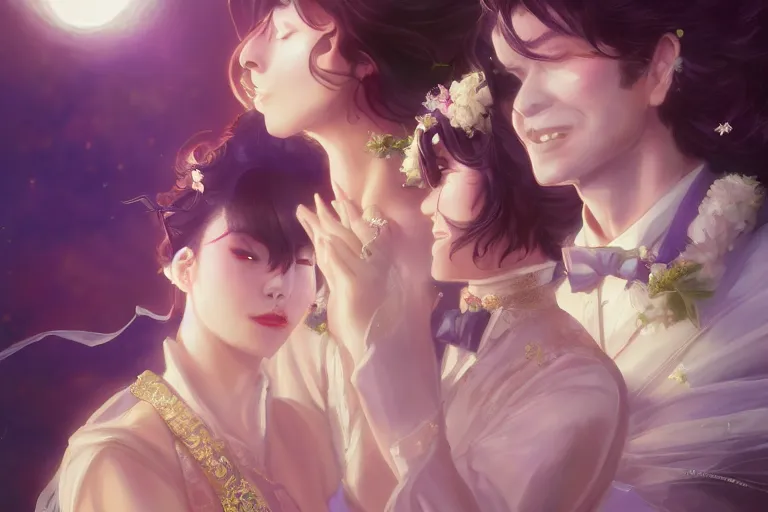 Image similar to a cinematic portrait of wedding photograph jpeg close up moment of a divine a japan sun god and moon goddess lovers magician at a wedding banquet. portraiture. digital painting. artstation. concept art. wedding photo. digital painting. violet evergarden art masterpiece by art by krenz cushart