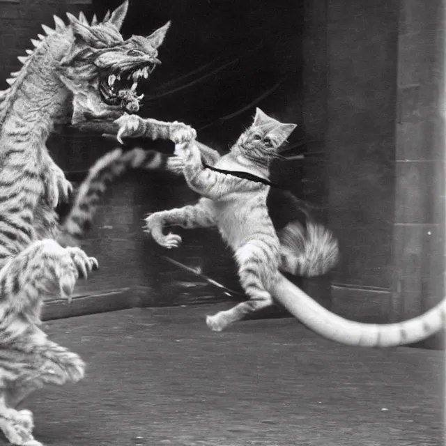 Prompt: silver gelatin photograph of a cat attacking a dragon, london 1 9 1 2