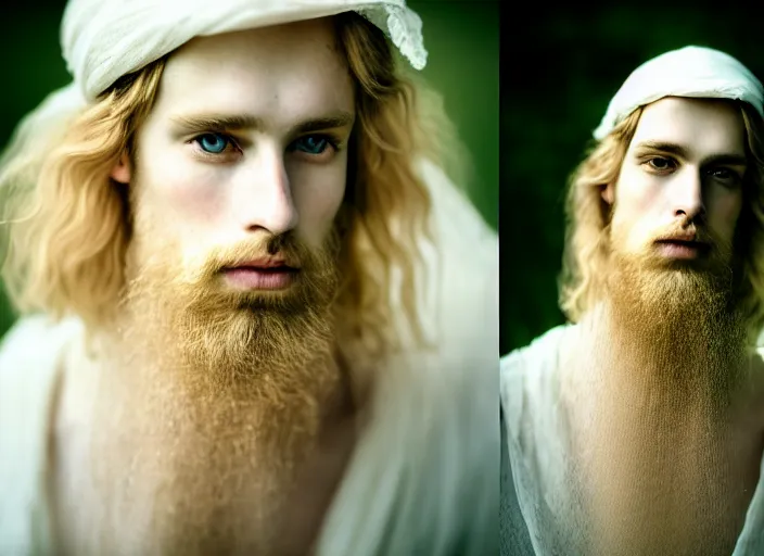 Image similar to portrait photography of a beautiful man how pre-Raphaelites beauty type in style of Nicolas False, britt marling style 3/4 , he has a short beard, golden blond hair, beautiful ethereal lace white robes, 8K, soft light, volumetric lighting, highly detailed Realistic, Refined, Highly Detailed, natural outdoor soft pastel lighting colors scheme, outdoor fine art photography