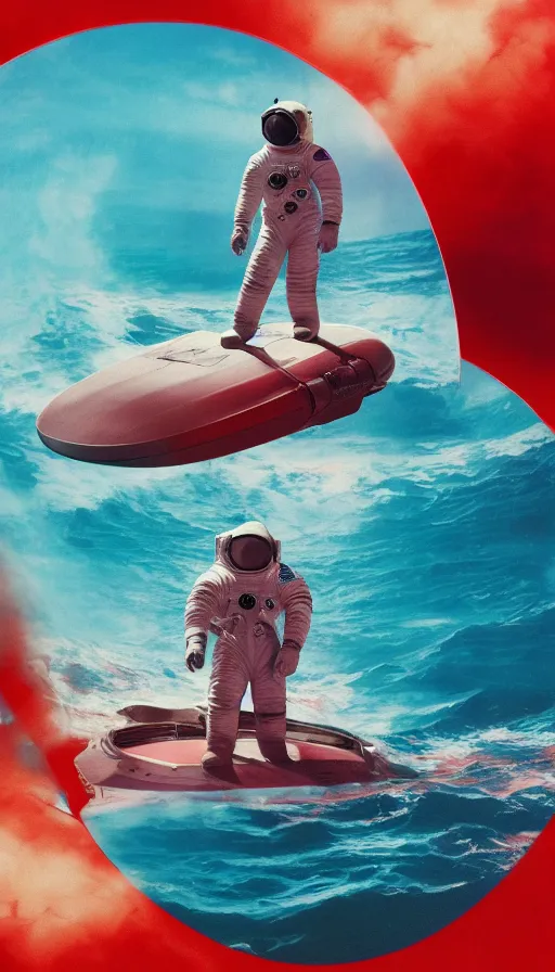 Image similar to astronaut in ocean drowning in red water, high noon, rendered in octane, matte painting sci-fi artwork by syd mead