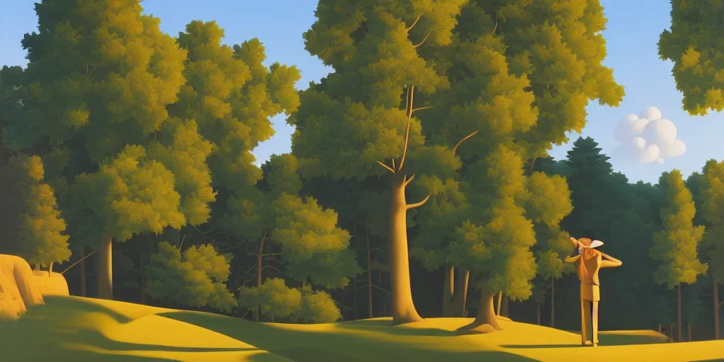 Image similar to silly, in the forest, blue sky, summer evening, kenton nelson