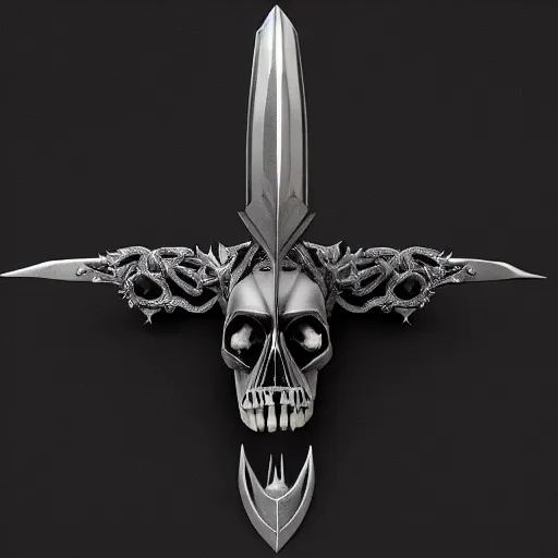 Image similar to a black long sword skull crest, orthographic, ornament, weapon, a 3 d render by dom qwek, studio lighting, front side views full, trending on polycount, artstation, hard surface modeling, rendered in maya, 3 ds max, blender, artstation hd, vray