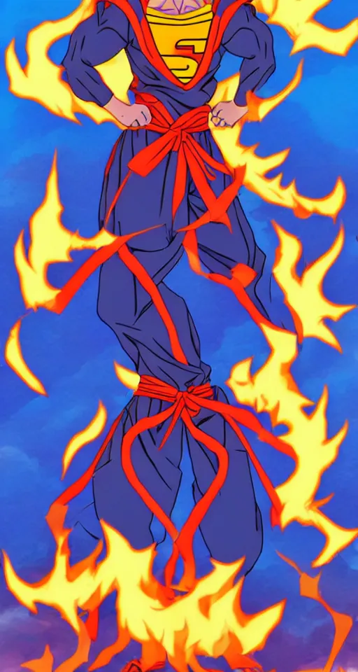 Image similar to Sangoku super power, fire in background, anime manga style