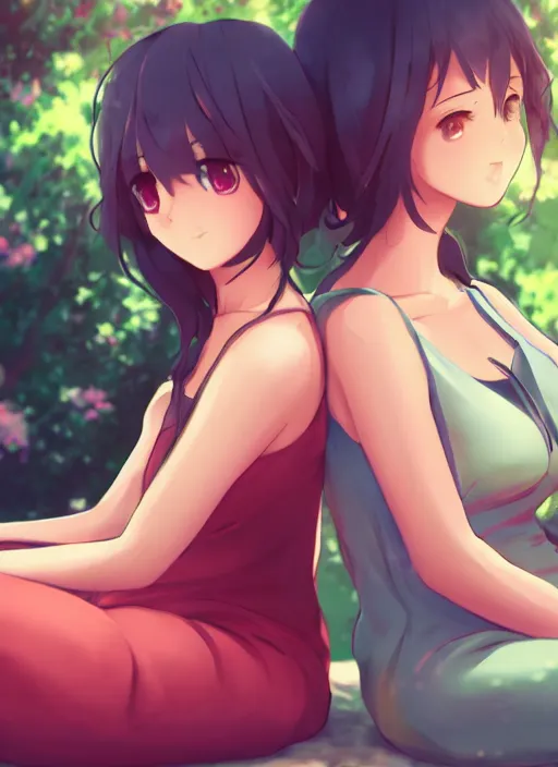 Image similar to two beautiful mothers sitting on a hot summer evening, gorgeous faces, thick lines, cinematic lighting, detailed anime art