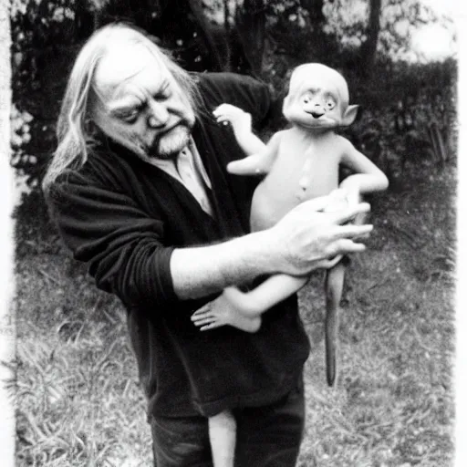 Image similar to robert wyatt cradling a goblin like a baby, photograph