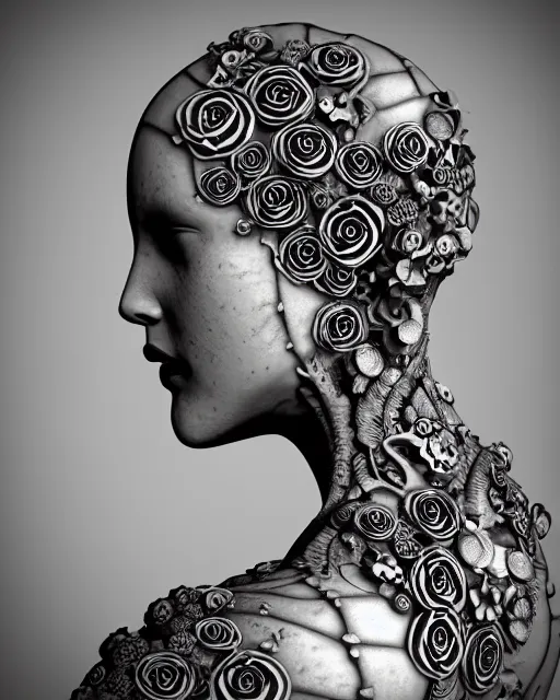 Image similar to mythical dreamy black and white organic bio-mechanical spinal ribbed profile face portrait detail of translucent steampunk beautiful female angelic-human-queen-vegetal-cyborg, highly detailed, intricate trnaslucent ivy jelly ornate, poetic, translucent roses ornate, 3D render, digital art, octane render, 8K artistic photography, photo-realistic, by Dora Maar