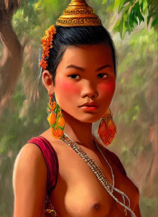 Prompt: portrait of a beautiful teen khmer ethnic cambodia, closeup portrait, historical, ethnic group, traditional costume, elegant, loin cloth, highly detailed, oil painting, artstation, concept art, matte, sharp focus, illustration, hearthstone, art by earl norem