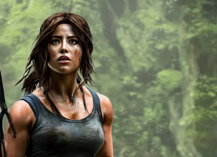 Image similar to film still of!!!! chloe bennett!!! as lara croft in new tomb raider movie, 8 k